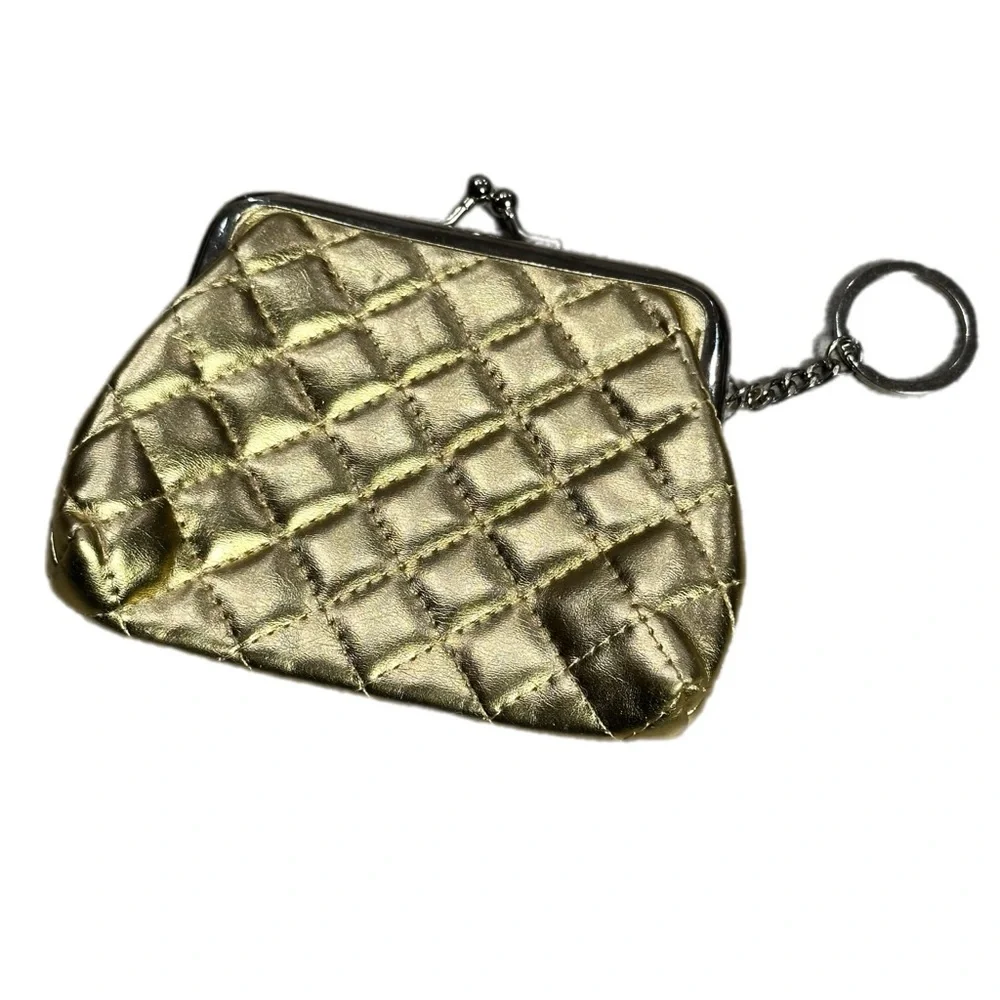 Vintage Quilted Gold Metallic Kiss-Lock Coin Purse Keychain